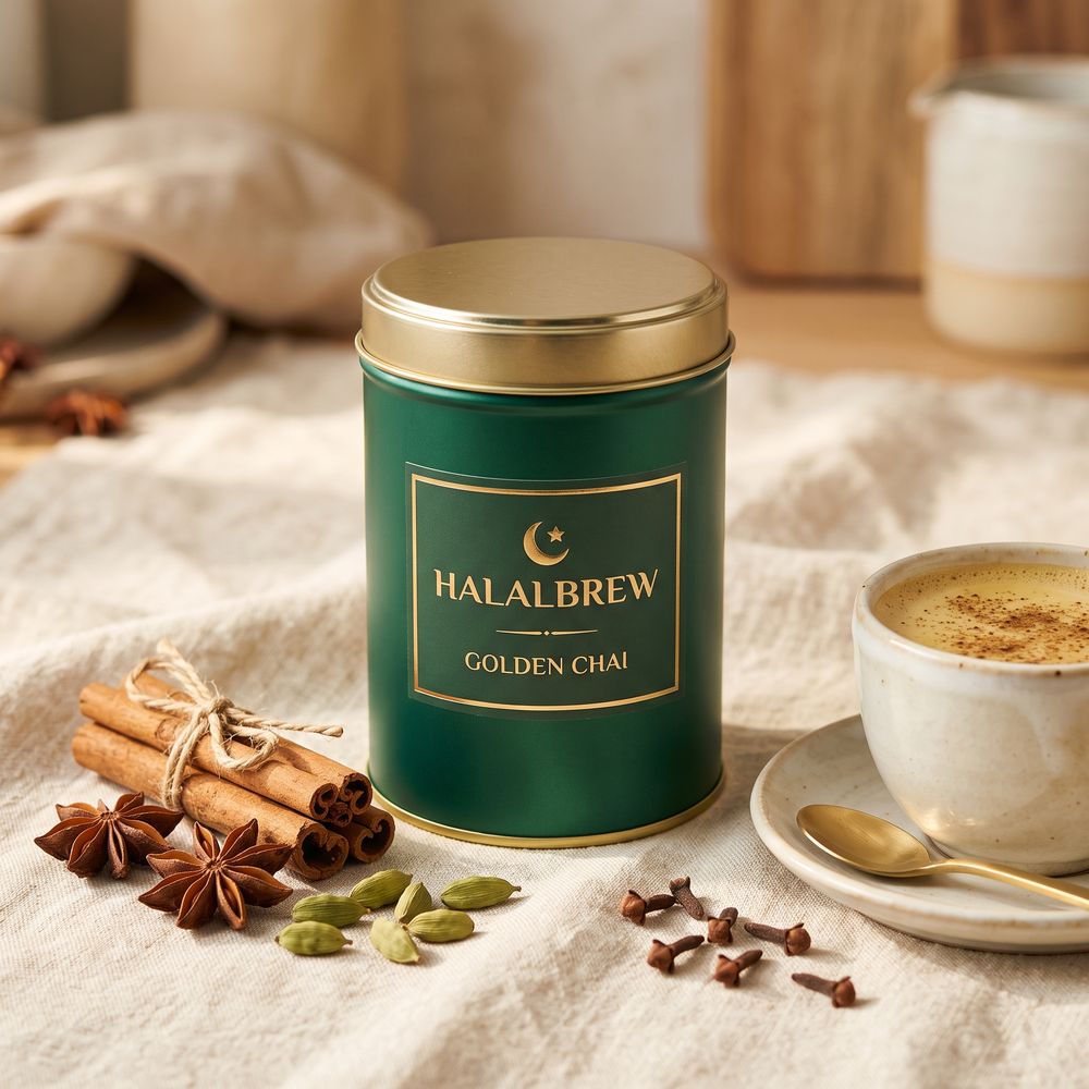 Golden Chai — emerald green tin with gold lid and whole spices