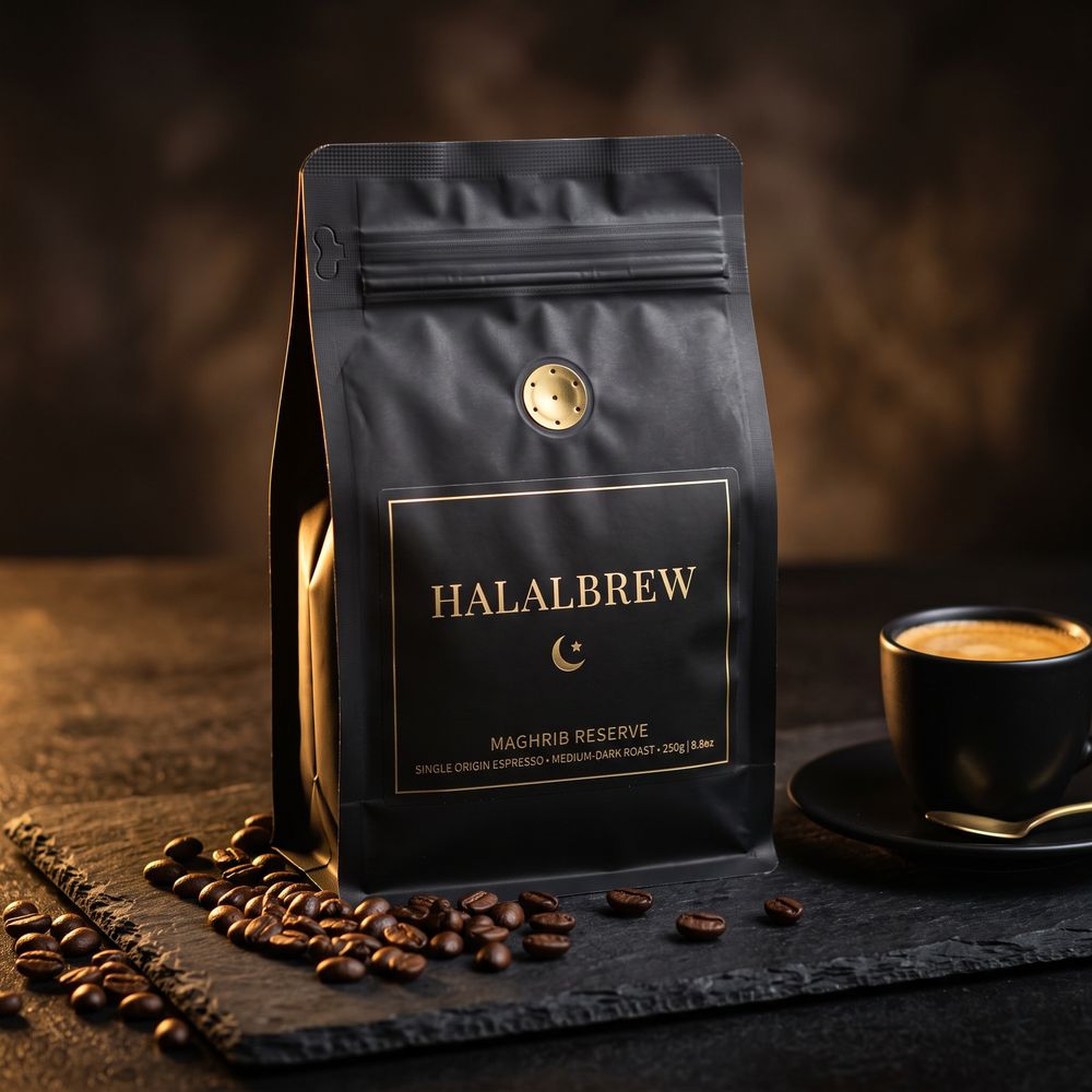 Maghrib Reserve — matte black coffee bag with gold label