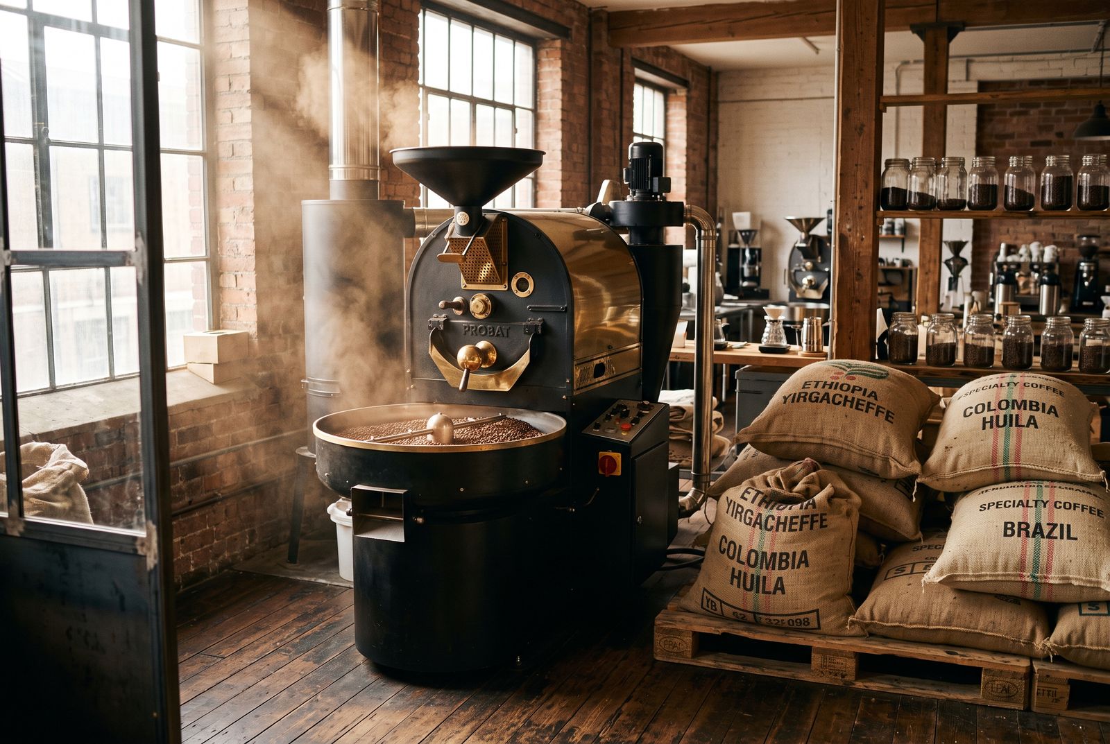 The HalalBrew roastery — drum roaster and sacks of green coffee